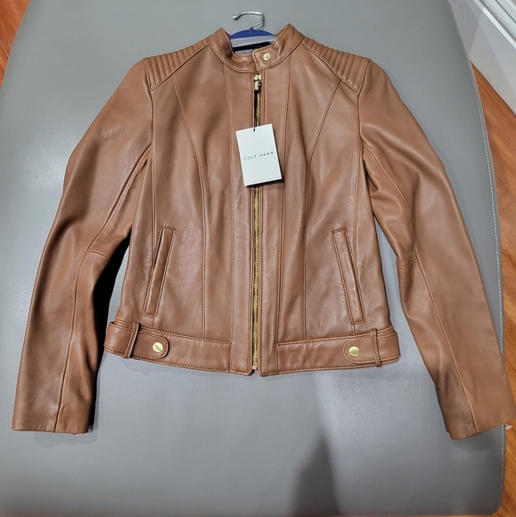 Cole Hann Caramel Brown Leather Moto Jacket Snap Button Neck - Picture 10 of 11